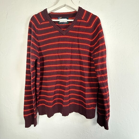 Giordano Mens Pure New Wool V-Neck Sweater Red & Orange Striped Large Pullover - Picture 1 of 7